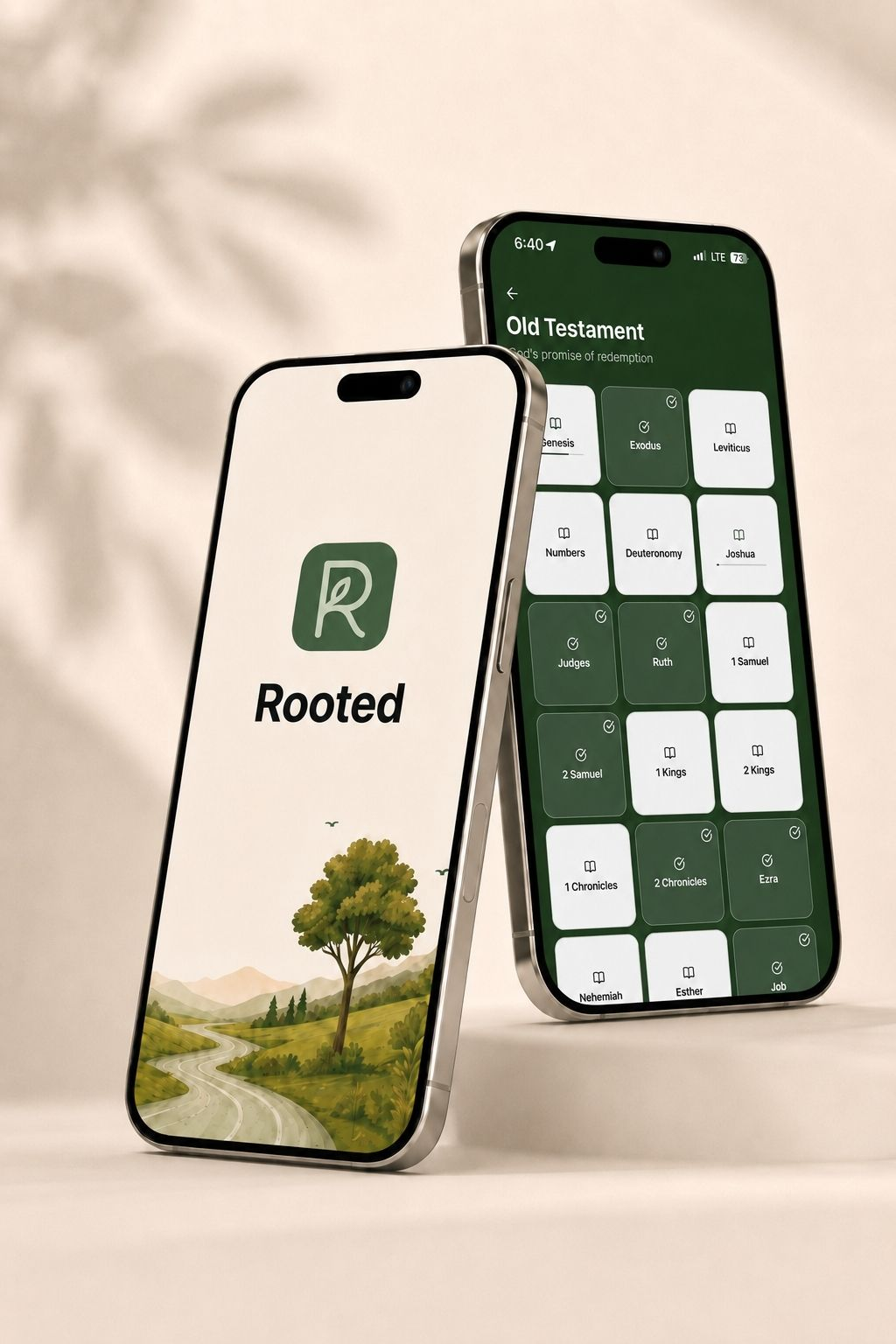 Two phones displaying the Rooted Bible and devotional app